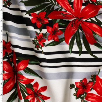 Red Island Floral On Horizontal Black And Grey Stripe Crepe Textured Liverpool Knit #27941 Fabric By The Yard