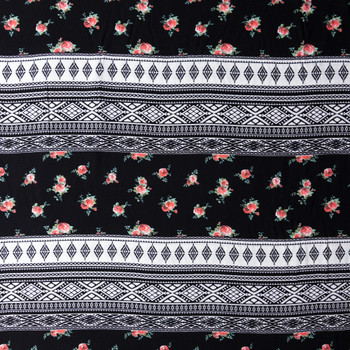 Pink Roses On Black And White Bohemian Horizontal Stripe Rayon Gauze #28188 Fabric By The Yard - Wide shot