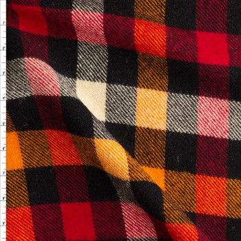 Orange, Red, Black, And Offwhite Plaid English Wool Flannel Fabric By The Yard