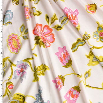 Pink, Orange, And Avocado Hand Painted Floral On Offwhite Designer Rayon Jersey #28287 Fabric By The Yard