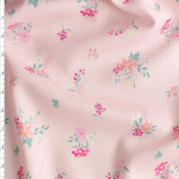 Pink, Dainty Floral And White Polkadots On Light Pink Rayon/Linen #28333 Fabric By The Yard