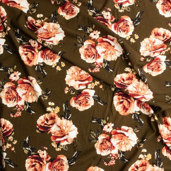 Terracotta Roses On Olive Crepe Knit #28881 Fabric By The Yard - Wide shot Terracotta Roses On Olive Crepe Knit #28881 Fabric By The Yard - Wide shot