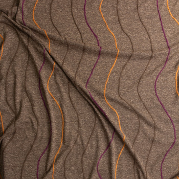 Plum, Rust, And Brown Embroidered Waves On Heather Brown Embroidered Jersey Knit #28883 Fabric By The Yard - Wide shot
