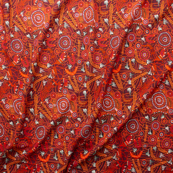 Man & Goanna 2 Red Australian Aboriginal Print Rayon Challis #29145 Fabric By The Yard - Wide shot Man & Goanna 2 Red Australian Aboriginal Print Rayon Challis #29145 Fabric By The Yard - Wide shot