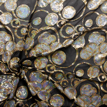 Silver and Gold Holographic Sequins on Black Power Mesh #29560 Fabric By The Yard - Wide shot Silver and Gold Holographic Sequins on Black Power Mesh #29560 Fabric By The Yard - Wide shot