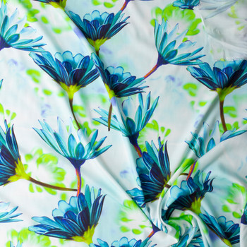 Aqua and Lime Daisy Floral Rayon Challis #29968 Fabric By The Yard - Wide shot Aqua and Lime Daisy Floral Rayon Challis #29968 Fabric By The Yard - Wide shot
