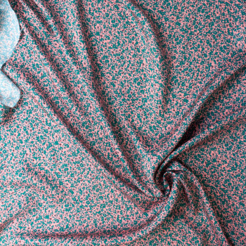 Pink and Green Blot Floral Rayon Sateen #29974 Fabric By The Yard - Wide shot Pink and Green Blot Floral Rayon Sateen #29974 Fabric By The Yard - Wide shot