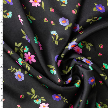Pink, Teal, and Purple Floral on Black Rayon Satin #29989 Fabric By The Yard Pink, Teal, and Purple Floral on Black Rayon Satin #29989 Fabric By The Yard