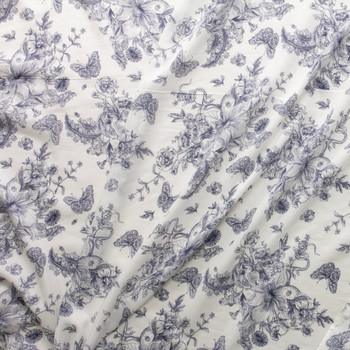 Navy Line Art Butterfly Floral on White NYC Designer Cotton/Silk Lawn #30088 Fabric By The Yard - Wide shot