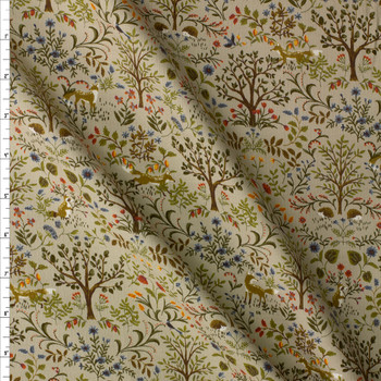 Flora and Fauna on Khaki Japanese Cotton Corduroy #30111 Fabric By The Yard