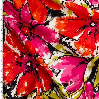 Red and Hot Pink Brushstroke Floral on White Stretch Cotton Sateen #30155 Fabric By The Yard Red and Hot Pink Brushstroke Floral on White Stretch Cotton Sateen #30155 Fabric By The Yard