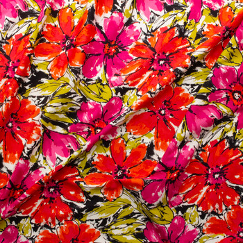 Red and Hot Pink Brushstroke Floral on White Stretch Cotton Sateen #30155 Fabric By The Yard - Wide shot Red and Hot Pink Brushstroke Floral on White Stretch Cotton Sateen #30155 Fabric By The Yard - Wide shot