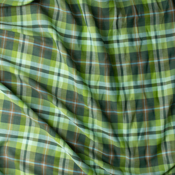 Lime, Emerald, and Sky Plaid Open Weave Linen #30271 Fabric By The Yard - Wide shot