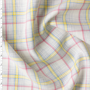 Pink, Yellow, and Blue on White Plaid Linen #30285 Fabric By The Yard