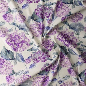Lavender and Navy Watercolor Hydrangea Floral Marabella Stretch Linen #30289 Fabric By The Yard - Wide shot Lavender and Navy Watercolor Hydrangea Floral Marabella Stretch Linen #30289 Fabric By The Yard - Wide shot