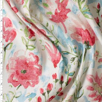 Coral, Sky, and Green Watercolor Floral Marabella Stretch Linen #30291 Fabric By The Yard Coral, Sky, and Green Watercolor Floral Marabella Stretch Linen #30291 Fabric By The Yard