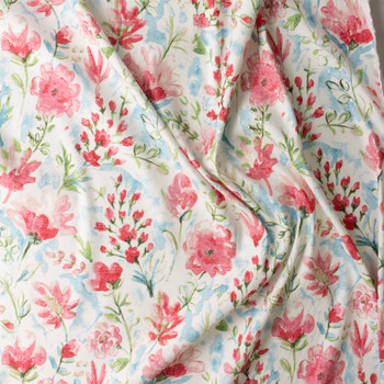 Coral, Sky, and Green Watercolor Floral Marabella Stretch Linen #30291 Fabric By The Yard - Wide shot Coral, Sky, and Green Watercolor Floral Marabella Stretch Linen #30291 Fabric By The Yard - Wide shot