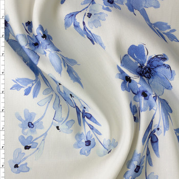 Blue on White Watercolor Floral Stretch Linen #30299 Fabric By The Yard
