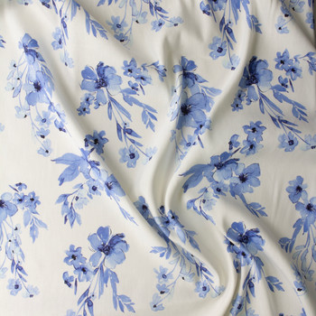 Blue on White Watercolor Floral Stretch Linen #30299 Fabric By The Yard - Wide shot
