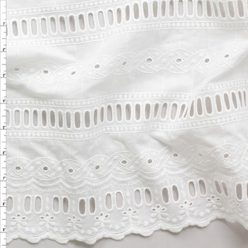White Vertical Geometric Double Bordered Designer Cotton Eyelet #30309 Fabric By The Yard