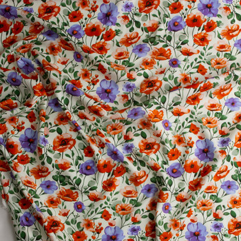Orange and Lavender Watercolor Poppy & Anemone Floral Rayon Challis #30325 Fabric By The Yard - Wide shot Orange and Lavender Watercolor Poppy & Anemone Floral Rayon Challis #30325 Fabric By The Yard - Wide shot