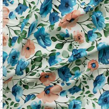 Teal and Terracotta Watercolor Poppy & Anemone Floral Rayon Challis #30327 Fabric By The Yard Teal and Terracotta Watercolor Poppy & Anemone Floral Rayon Challis #30327 Fabric By The Yard