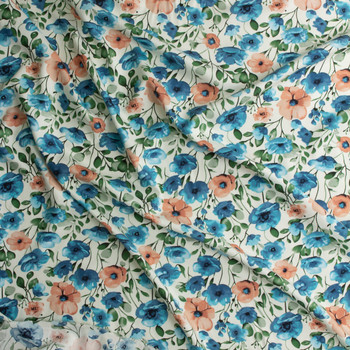 Teal and Terracotta Watercolor Poppy & Anemone Floral Rayon Challis #30327 Fabric By The Yard - Wide shot Teal and Terracotta Watercolor Poppy & Anemone Floral Rayon Challis #30327 Fabric By The Yard - Wide shot