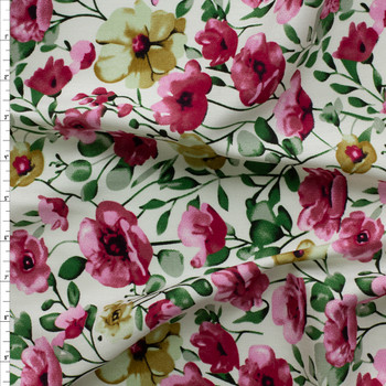 Hot Pink and Tan Watercolor Poppy & Anemone Floral Rayon Challis #30328 Fabric By The Yard Hot Pink and Tan Watercolor Poppy & Anemone Floral Rayon Challis #30328 Fabric By The Yard