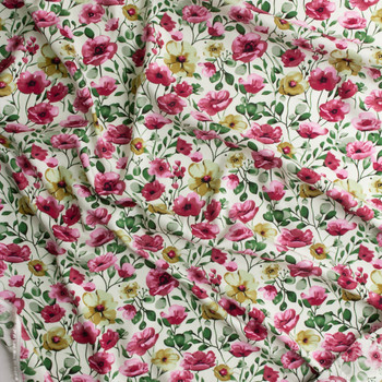 Hot Pink and Tan Watercolor Poppy & Anemone Floral Rayon Challis #30328 Fabric By The Yard - Wide shot Hot Pink and Tan Watercolor Poppy & Anemone Floral Rayon Challis #30328 Fabric By The Yard - Wide shot
