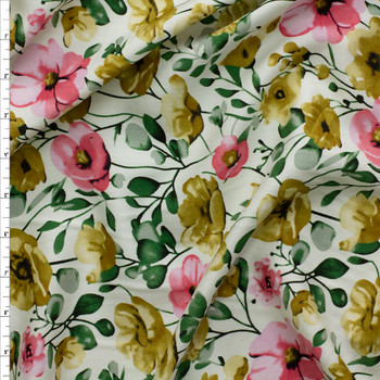 Gold and Pink Watercolor Poppy & Anemone Floral Rayon Challis #30329 Fabric By The Yard Gold and Pink Watercolor Poppy & Anemone Floral Rayon Challis #30329 Fabric By The Yard