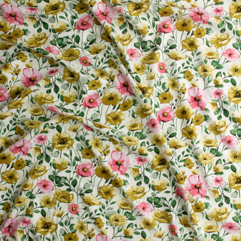 Gold and Pink Watercolor Poppy & Anemone Floral Rayon Challis #30329 Fabric By The Yard - Wide shot Gold and Pink Watercolor Poppy & Anemone Floral Rayon Challis #30329 Fabric By The Yard - Wide shot