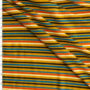 Black, Offwhite, Teal, and Orange Horizontal Stripe on Mustard Rayon/Spandex Rib Knit #30378 Fabric By The Yard Black, Offwhite, Teal, and Orange Horizontal Stripe on Mustard Rayon/Spandex Rib Knit #30378 Fabric By The Yard