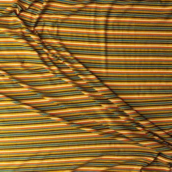 Black, Offwhite, Teal, and Orange Horizontal Stripe on Mustard Rayon/Spandex Rib Knit #30378 Fabric By The Yard - Wide shot Black, Offwhite, Teal, and Orange Horizontal Stripe on Mustard Rayon/Spandex Rib Knit #30378 Fabric By The Yard - Wide shot