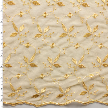 Golden Tan Floral Double Scalloped Embroidered Netting #30408 Fabric By The Yard Golden Tan Floral Double Scalloped Embroidered Netting #30408 Fabric By The Yard