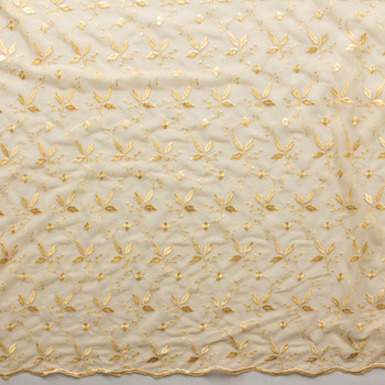 Golden Tan Floral Double Scalloped Embroidered Netting #30408 Fabric By The Yard - Wide shot