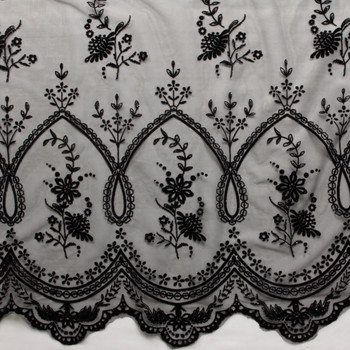 Sparkle Black on Black Floral Double Scalloped Flocked Netting #30409 Fabric By The Yard - Wide shot Sparkle Black on Black Floral Double Scalloped Flocked Netting #30409 Fabric By The Yard - Wide shot