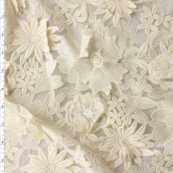 Ivory Layered Floral Designer Embroidered Netting #30415 Fabric By The Yard