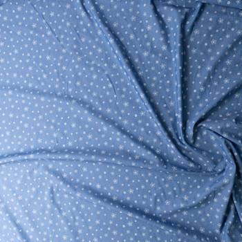 White Flower Power Floral on Light Blue Chambray Print #30583 Fabric By The Yard - Wide shot White Flower Power Floral on Light Blue Chambray Print #30583 Fabric By The Yard - Wide shot
