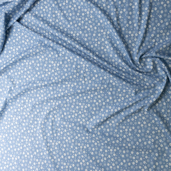White Fun Floral on Light Blue Chambray Print #30584 Fabric By The Yard - Wide shot White Fun Floral on Light Blue Chambray Print #30584 Fabric By The Yard - Wide shot