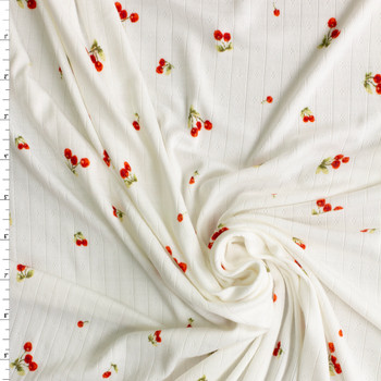 Cherries on Warm White Stretch Pointelle Knit #30606 Fabric By The Yard Cherries on Warm White Stretch Pointelle Knit #30606 Fabric By The Yard