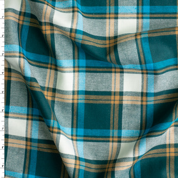 Teal, Tan, and Turquoise Plaid Designer Cotton Flannel #30615 Fabric By The Yard