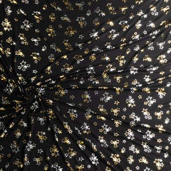 Metallic Silver and Gold Stars on Black Rayon Jersey Knit #30655 Fabric By The Yard - Wide shot