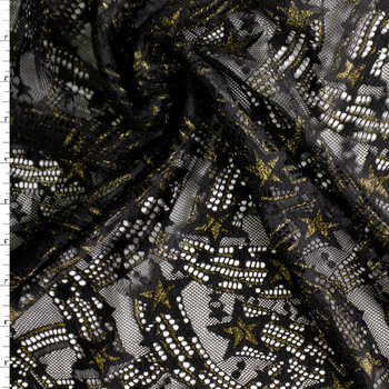 Metallic Gold and Black Shooting Stars Stretch Lace #30656 Fabric By The Yard