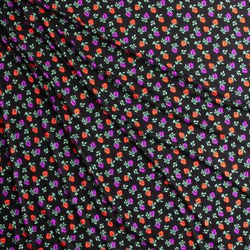 Red and Purple Rosebuds on Black Stretch Modal Jersey Knit from ‘Hanky Panky’ #30657 Fabric By The Yard - Wide shot