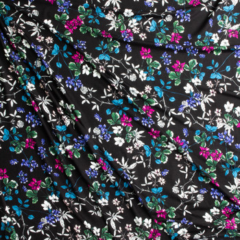 Magenta, Teal, and Hunter Wildflowers on Black Stretch Modal Jersey Knit from ‘Hanky Panky’ #30658 Fabric By The Yard - Wide shot