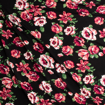 Wine and Pink Rose Floral on Black Stretch Modal Jersey Knit from ‘Hanky Panky’ #30659 Fabric By The Yard - Wide shot