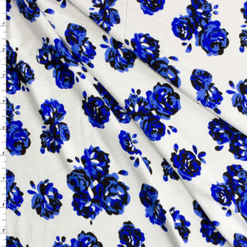 Blue Rose Floral on Offwhite Stretch Modal Jersey Knit from ‘Hanky Panky’ #30663 Fabric By The Yard Blue Rose Floral on Offwhite Stretch Modal Jersey Knit from ‘Hanky Panky’ #30663 Fabric By The Yard