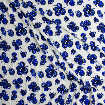 Blue Rose Floral on Offwhite Stretch Modal Jersey Knit from ‘Hanky Panky’ #30663 Fabric By The Yard - Wide shot Blue Rose Floral on Offwhite Stretch Modal Jersey Knit from ‘Hanky Panky’ #30663 Fabric By The Yard - Wide shot