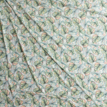 Watercolor Leaves on White Stretch Modal Jersey Knit from ‘Hanky Panky’ #30666 Fabric By The Yard - Wide shot Watercolor Leaves on White Stretch Modal Jersey Knit from ‘Hanky Panky’ #30666 Fabric By The Yard - Wide shot