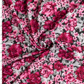 Grey and Pink Floral on Black NYC Designer Stretch Rayon Jersey Knit #30681 Fabric By The Yard Grey and Pink Floral on Black NYC Designer Stretch Rayon Jersey Knit #30681 Fabric By The Yard